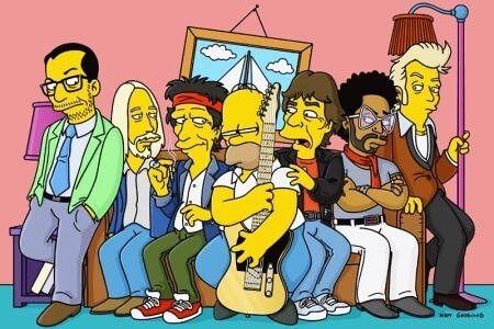 Image tirée de l'épisode des Simpson "How I Spent My Strummer Vacation" (Comment j'ai passé mes vacances avec Strummer), mettant en scène la famille bien-aimée des Simpson dans leur style animé.